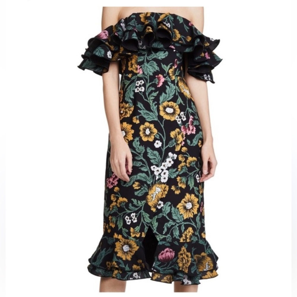 NWOT C/Meo Collective Immerse Ruffle Midi Dress in Black Floral Womens sz M